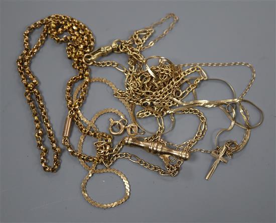 Five various 9ct gold neck chains (one with cross pendant) and a 9ct gold bracelet.